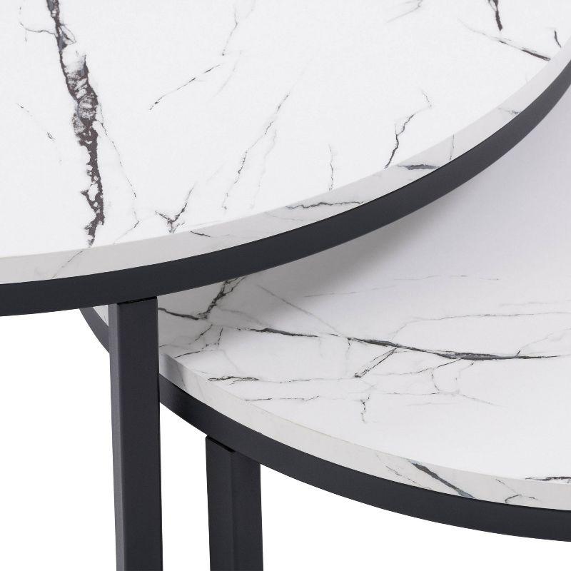 Set of 2 Marbled Finish Forth Worth Round Nesting Coffee Table White - CorLiving: Black Metal Legs, Accent Furniture