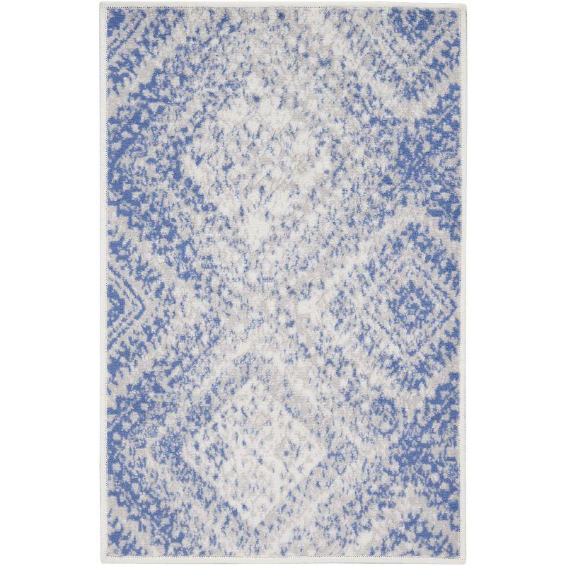 Bohemian Ivory Blue Geometric 2' x 3' Easy-Care Area Rug