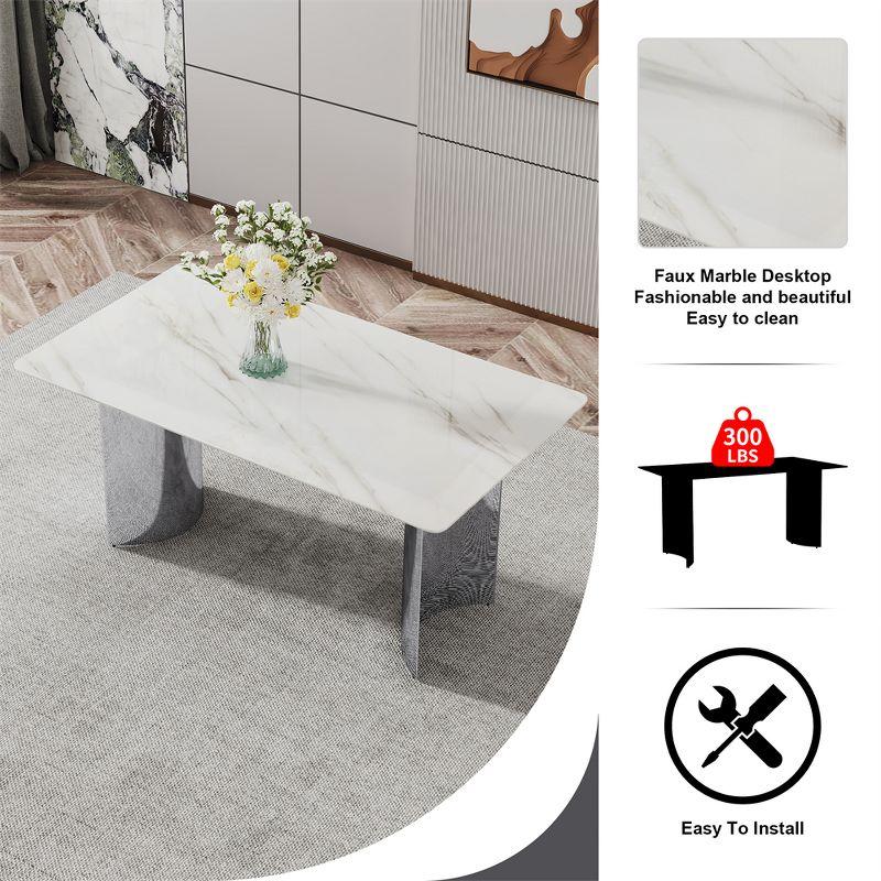 Modern Minimalist Dining Table, White Imitation Marble Glass Sticker Desktop, Stainless Steel Legs, Dining Table For Living Room Dining Room, White