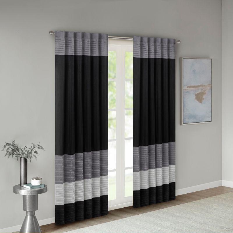 Black and Gray Faux Silk Pintuck Curtain Panel