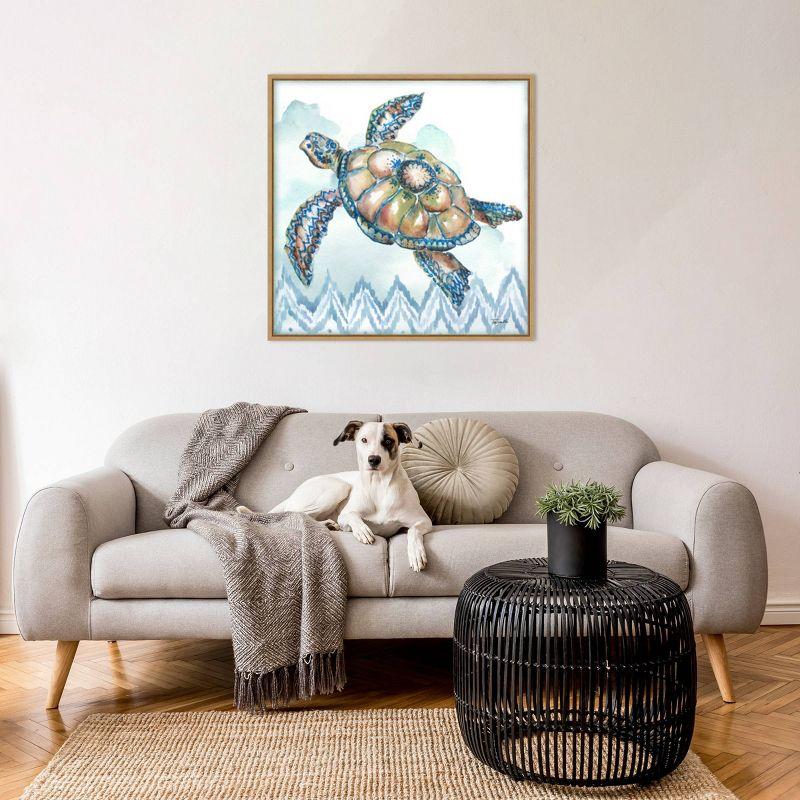 30"x30" Blue and Green Watercolor Sea Turtle Framed Canvas Wall Art