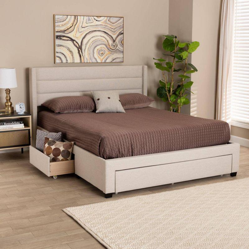 Braylon Fabric and Wood 3 Drawer Platform Storage Bed Beige/Dark Brown - Baxton Studio