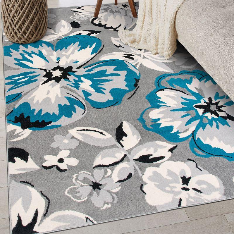 Modern Floral Blue Synthetic 6'6" x 9' Easy-Care Area Rug