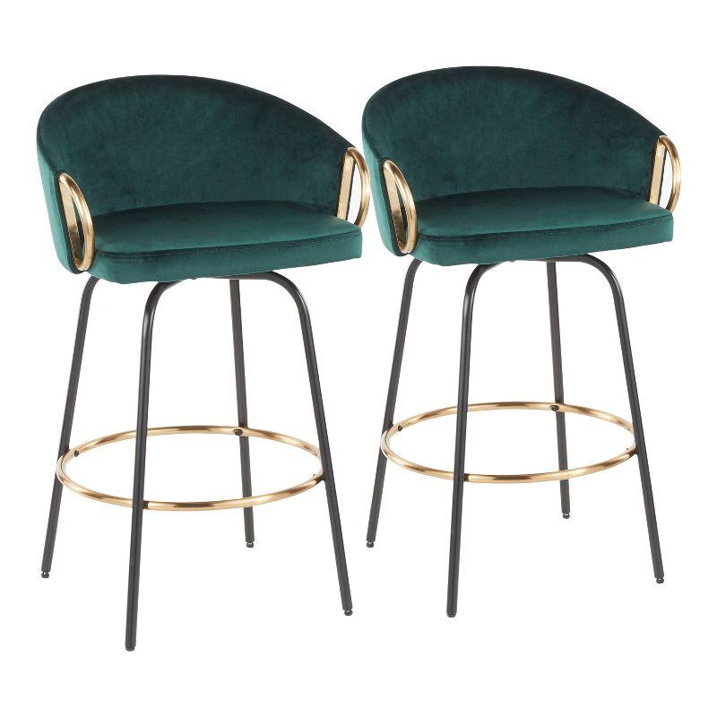 Set of 2 Claire Upholstered Counter Height Barstools: Swivel, Velvet, Gold Accents - Lumisource