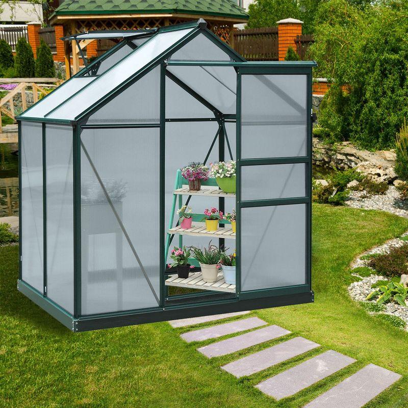 Outsunny 6' x 4' x 7' Polycarbonate Greenhouse, Heavy Duty Outdoor Aluminum Walk-in Green House Kit with Vent & Door for Backyard Garden, Green