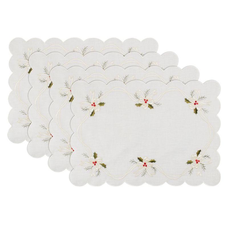 Saro Lifestyle Placemats With Embroidered Holly and Ribbon Design (Set of 4)