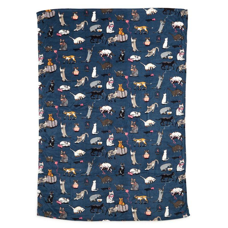 Blue Cat Print Queen Fleece Throw Blanket