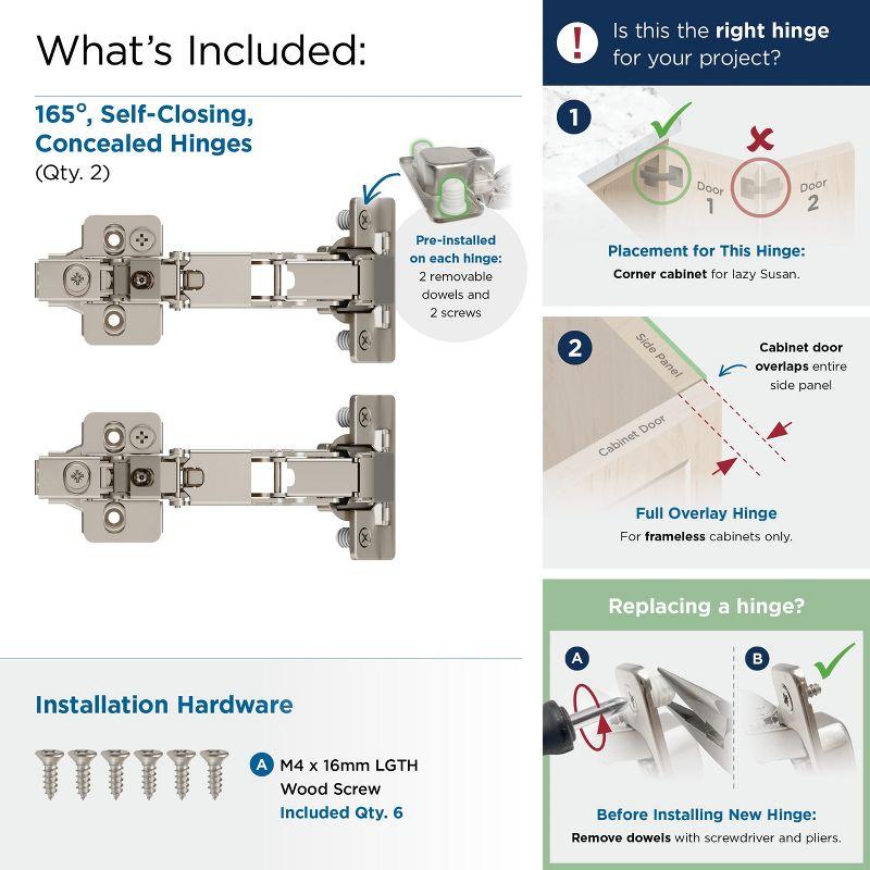 Full Overlay Frameless 165 Degree Lazy Susan Bi-Fold Door Self Close Concealed Cabinet Hinge - Pair