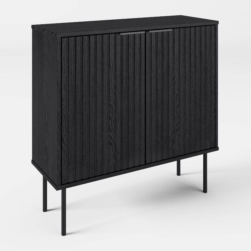 CorLiving Lysander Storage Bar Cabinet with Fluted Doors Black: Laminated Surface, MDF Frame, Divided Fixed Shelves