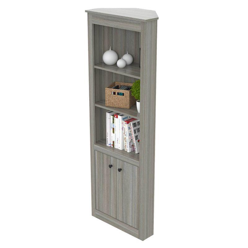 70.02" Corner Bookshelf Gray - Inval: Modern Smoke Oak, 3 Shelves, Double Door Storage