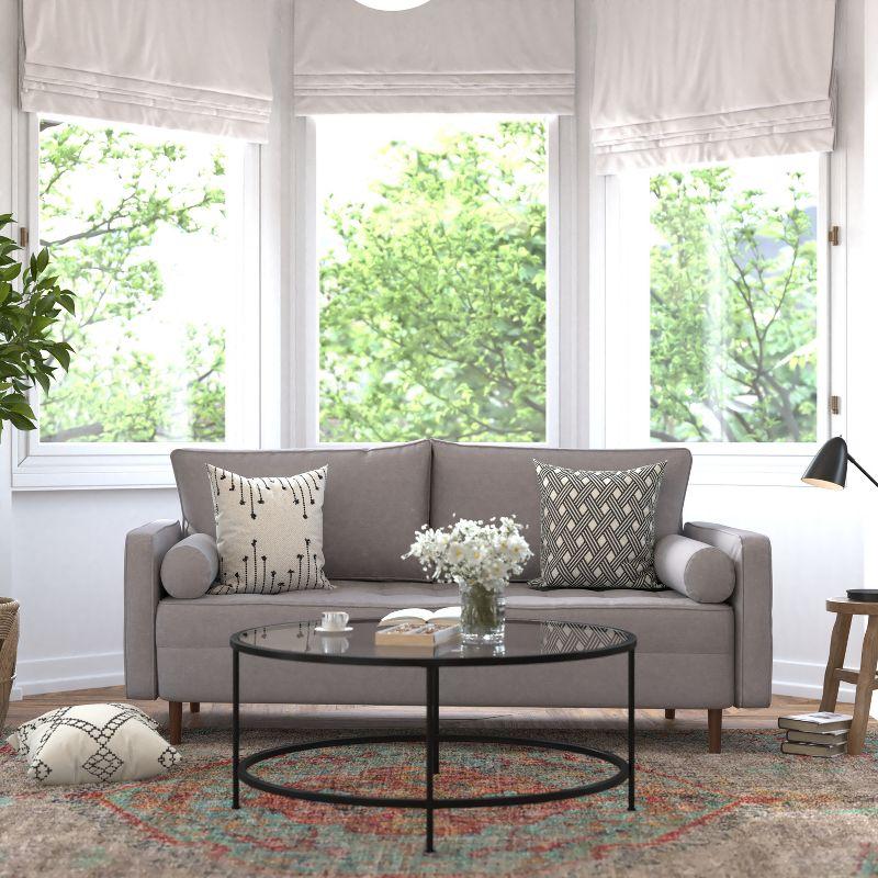 Flash Furniture Hudson Mid-Century Modern Sofa with Tufted Faux Linen Upholstery & Solid Wood Legs in Slate Gray