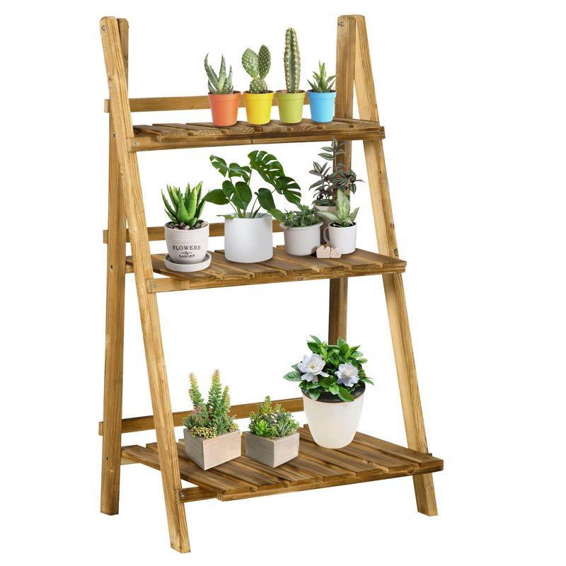 Natural Fir Wood 3-Tier Foldable Ladder Plant Stand