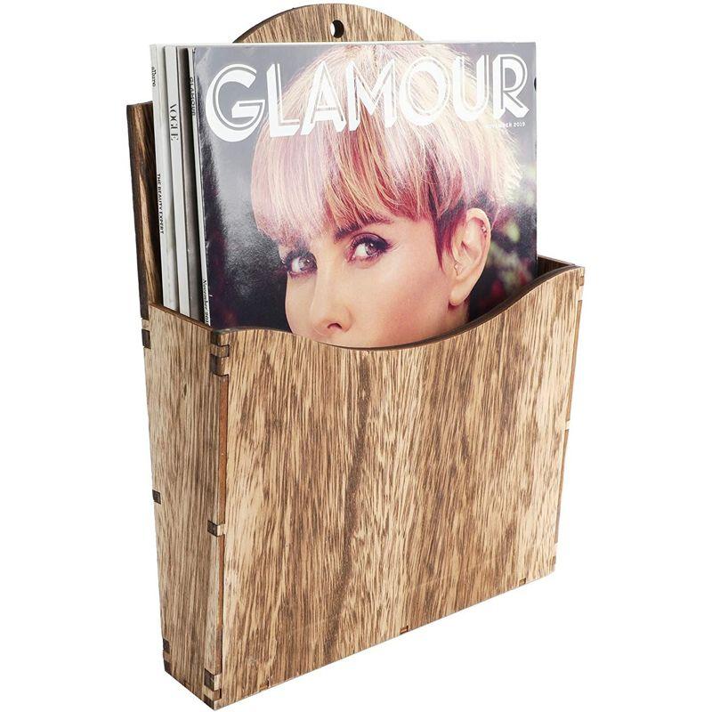 Juvale Rustic Wood Wall Mounted Magazine Rack and File Organizer with Menu Basket - Hanging Bathroom Mail Holder (12 in)