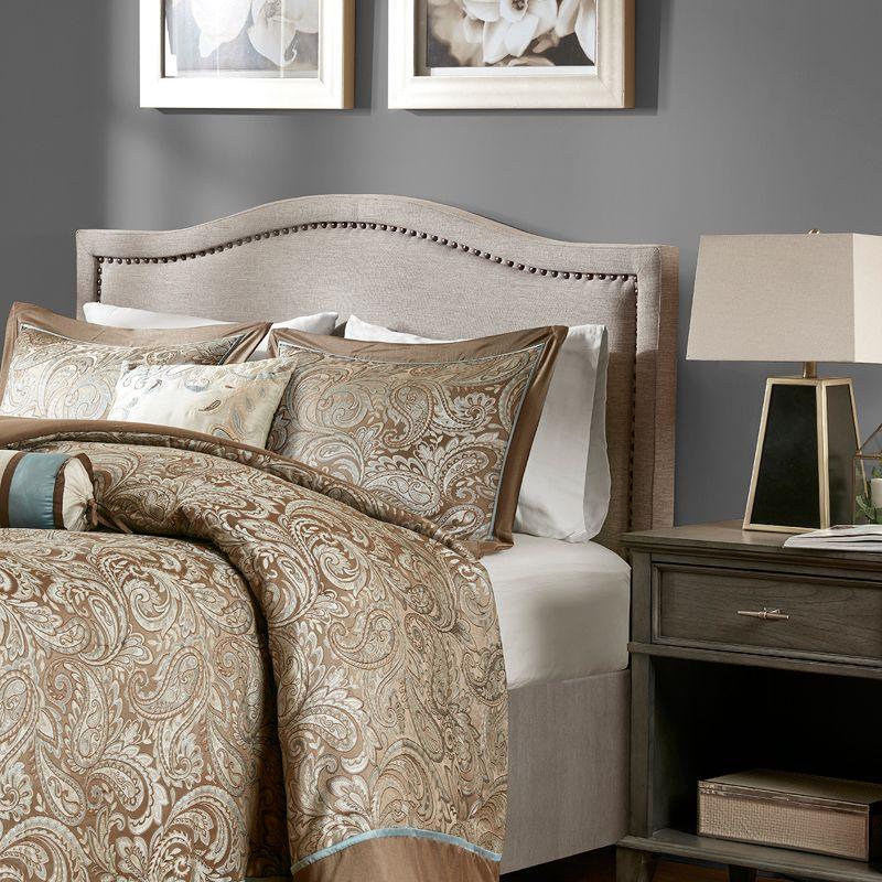 Beige Queen Upholstered Headboard with Nailhead Trim