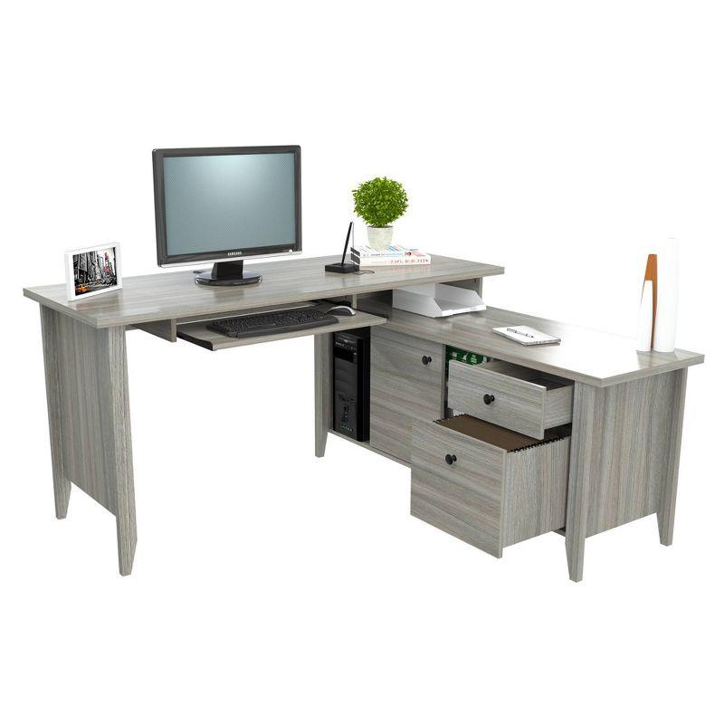 Espresso Oak L-Shaped Corner Desk with Keyboard Tray and Filing Cabinet