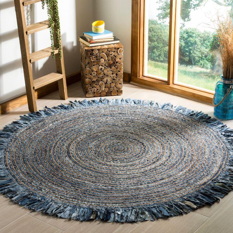 Ivory and Denim 7' Round Handwoven Boho Jute & Cotton Rug