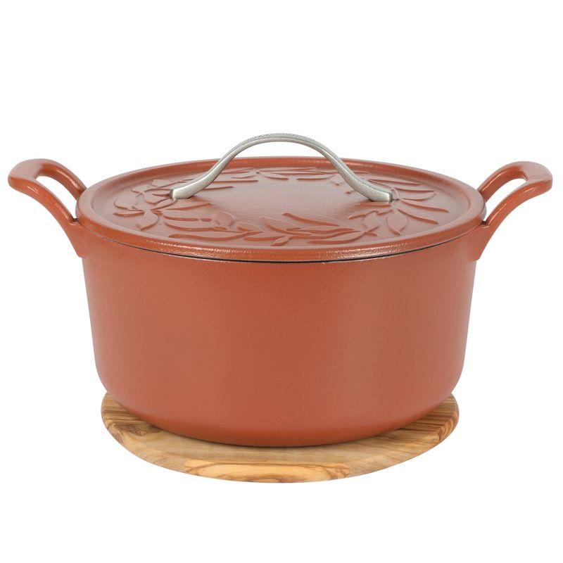 Bloomhouse 7 Qt Cast Iron Dutch Oven w/ Lid, European Enamel, & Walnut Wood Trivet - Oat White