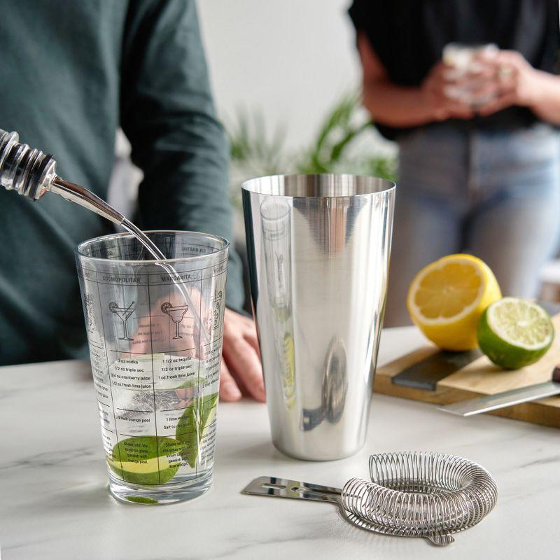 True 3-Piece Barware Set with 7 Cocktail Recipes and Measurements Printed on Mixing Glass, Glass and Stainless Steel, Multicolor