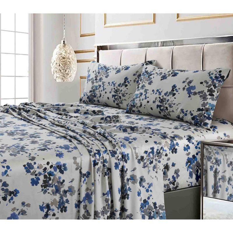 Twin XL Blue Floral Print Cotton Sateen Sheet Set