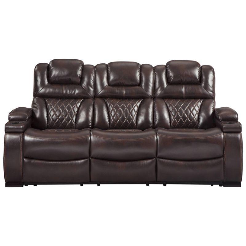 Warnerton Power Recliner Sofa with Adjustable Headrest Chocolate - Signature Design by Ashley: USB Port, Cup Holder, Storage