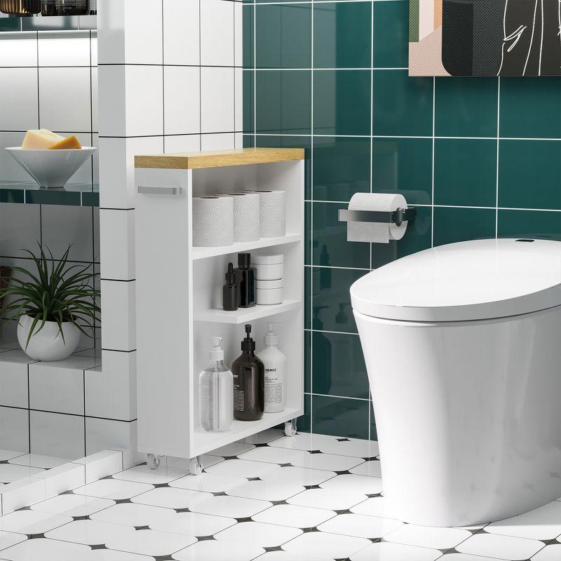 kleankin Slim Bathroom Cabinet with Castor Wheels Storage Organizer and Wood Shelves To Fit In Small Spaces, White
