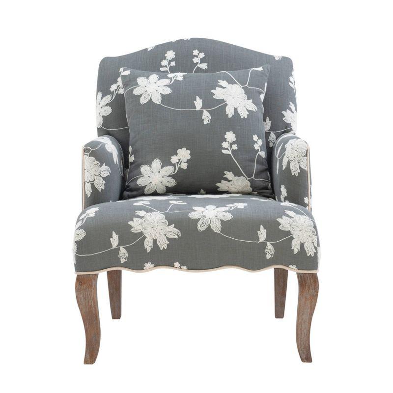 Traditional Floral Upholstered Embroidered Linen French Accent Armchair - Gray - Linon