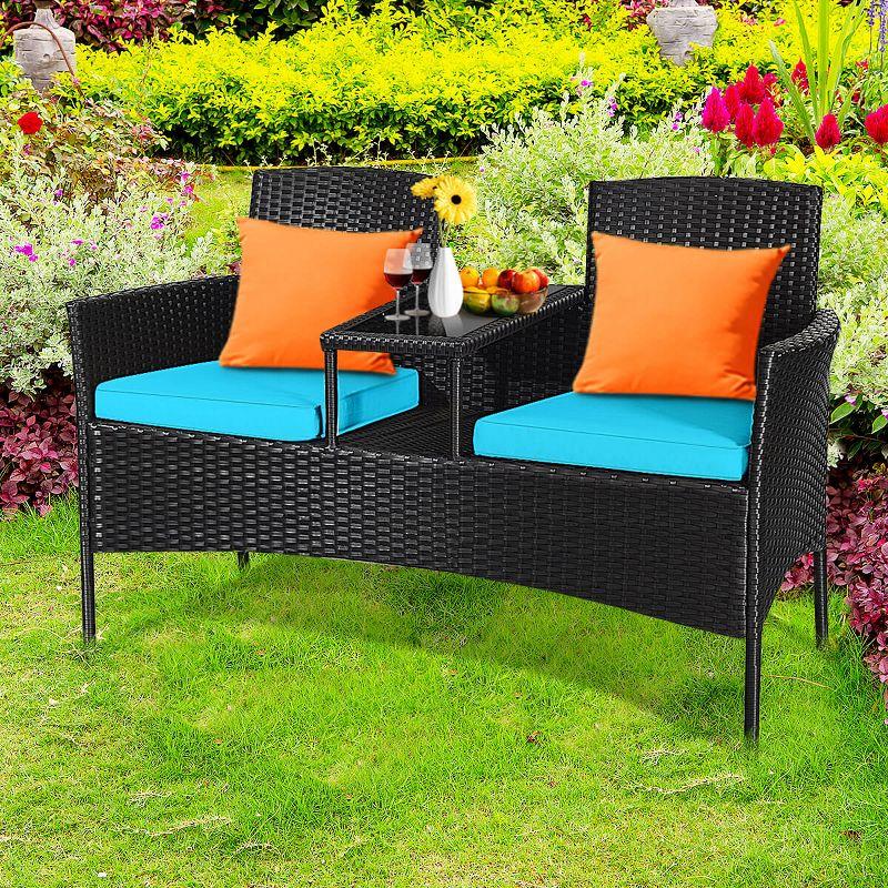 Tangkula Outdoor Rattan Furniture Wicker Patio Conversation Chair W/Cushions Turquoise
