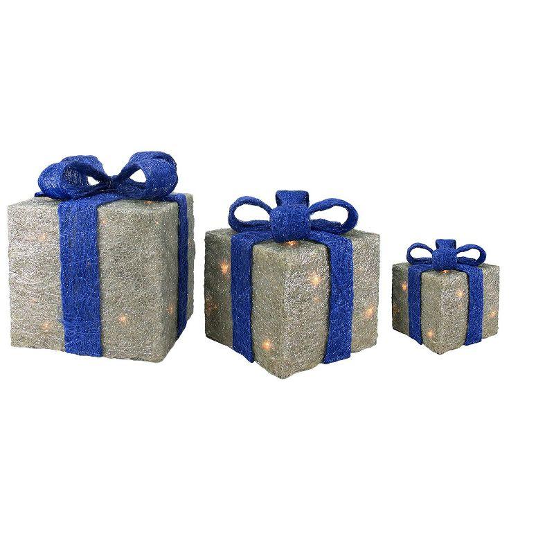 Northlight Lighted Gift Boxes Outdoor Christmas Decorations - 10" - Silver and Blue - Set of 3