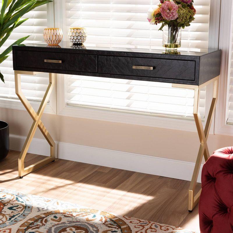 Baxton Studio Carville Faux Leather Finished 2 Drawer Console Table Brown: Mid-Century Modern, Metal Frame