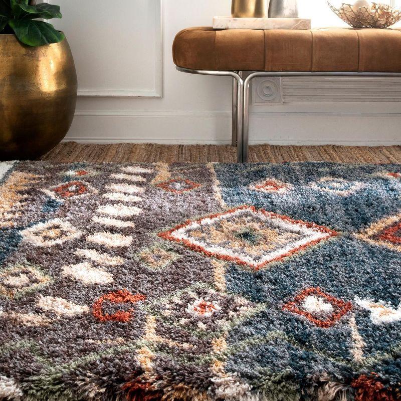 48" Round Blue Geometric Shag Area Rug with Easy Care