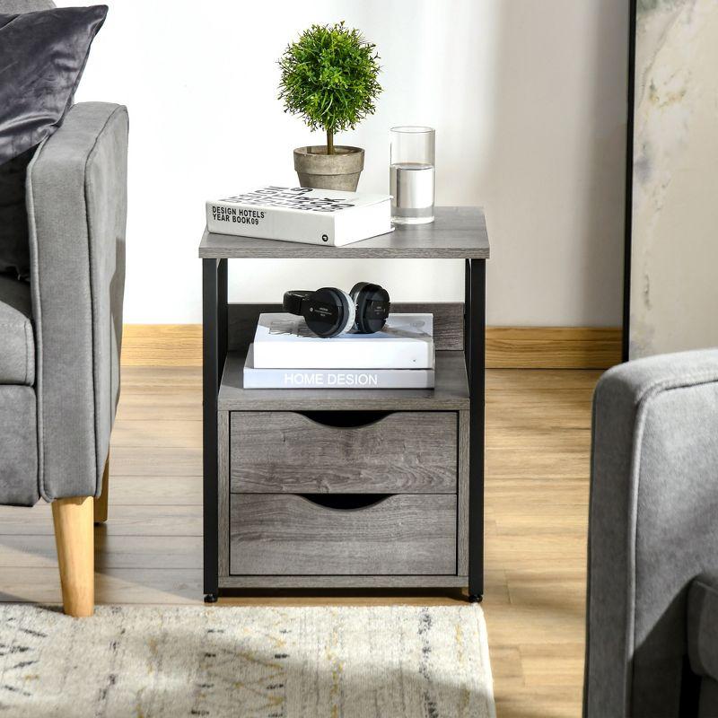 Industrial Chic Side Table with Dual Storage Drawers and Shelf