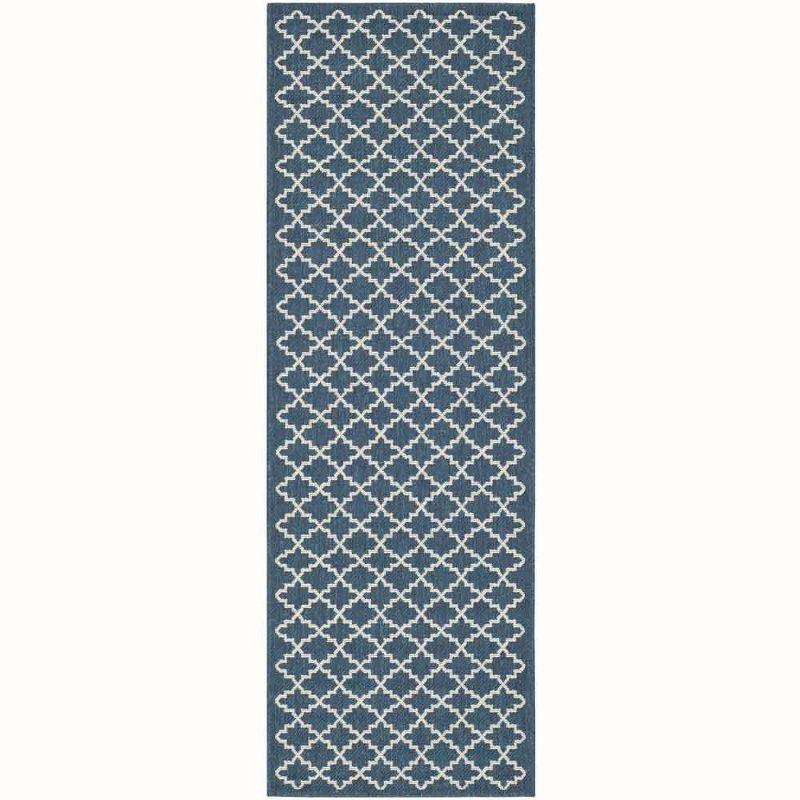 Navy and Beige Synthetic Outdoor Runner Rug