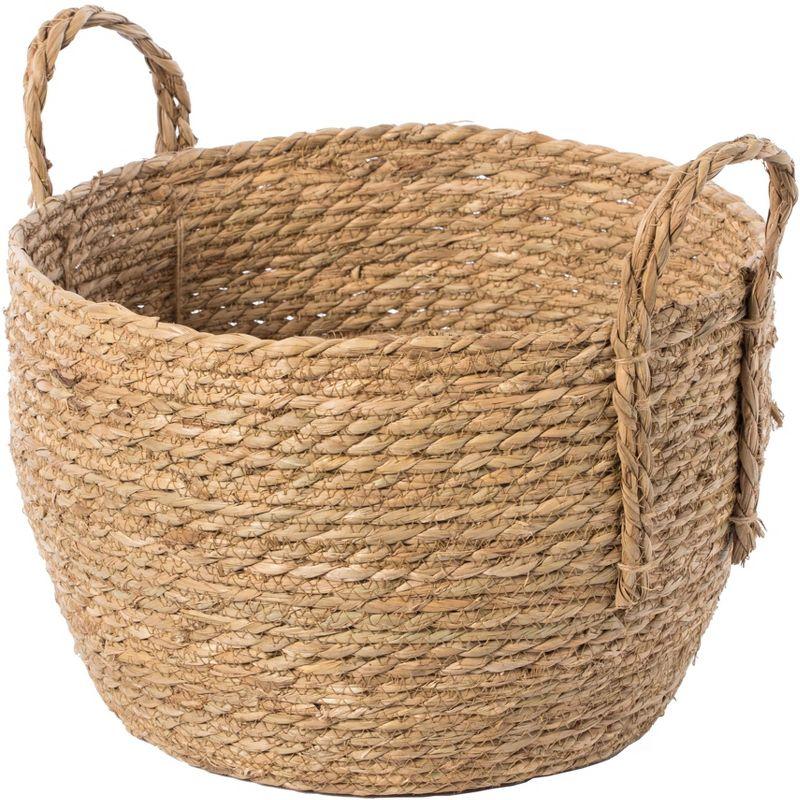 Medium Brown Round Wicker Storage Basket with Rope Handles