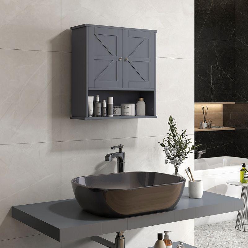 kleankin Bathroom Wall Cabinet, Farmhouse Medicine Cabinet with Open Shelf & Adjustable Shelf, Storage Cupboard for Laundry Room, Gray