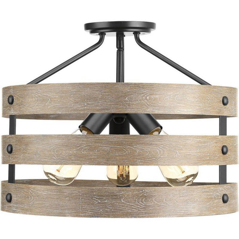 Progress Lighting Gulliver 3-Light Semi-Flush Convertible Ceiling Light, Graphite, Wood Grained Texture