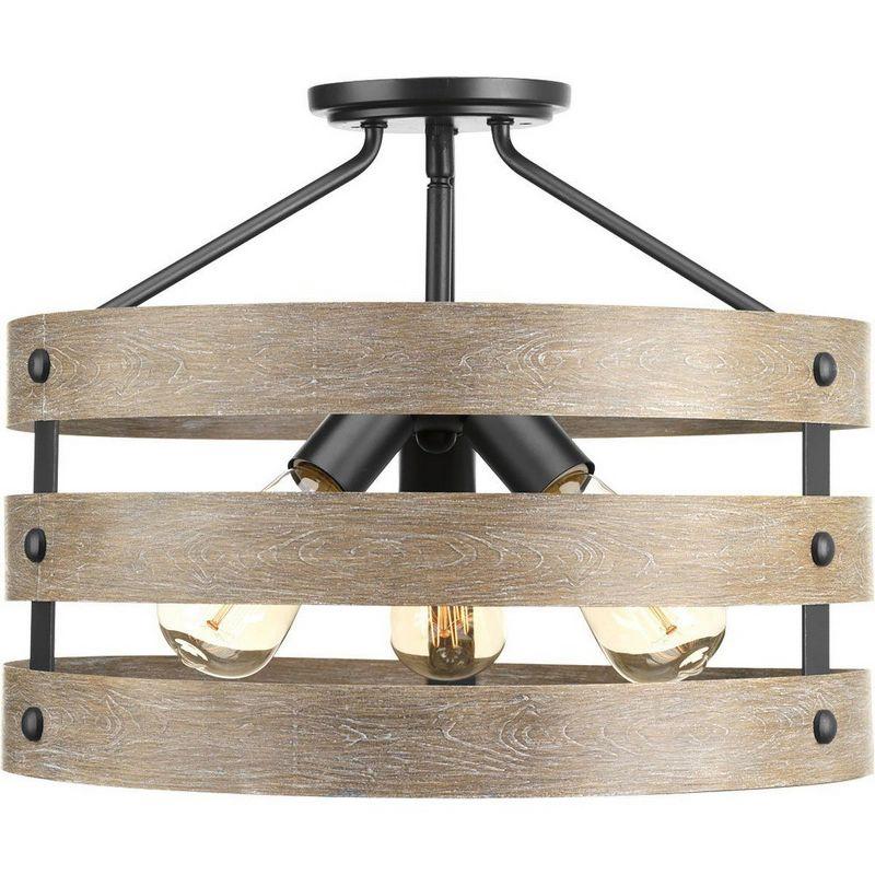 Gulliver Graphite & Wood-Grain 17" Drum Semi-Flush Ceiling Light