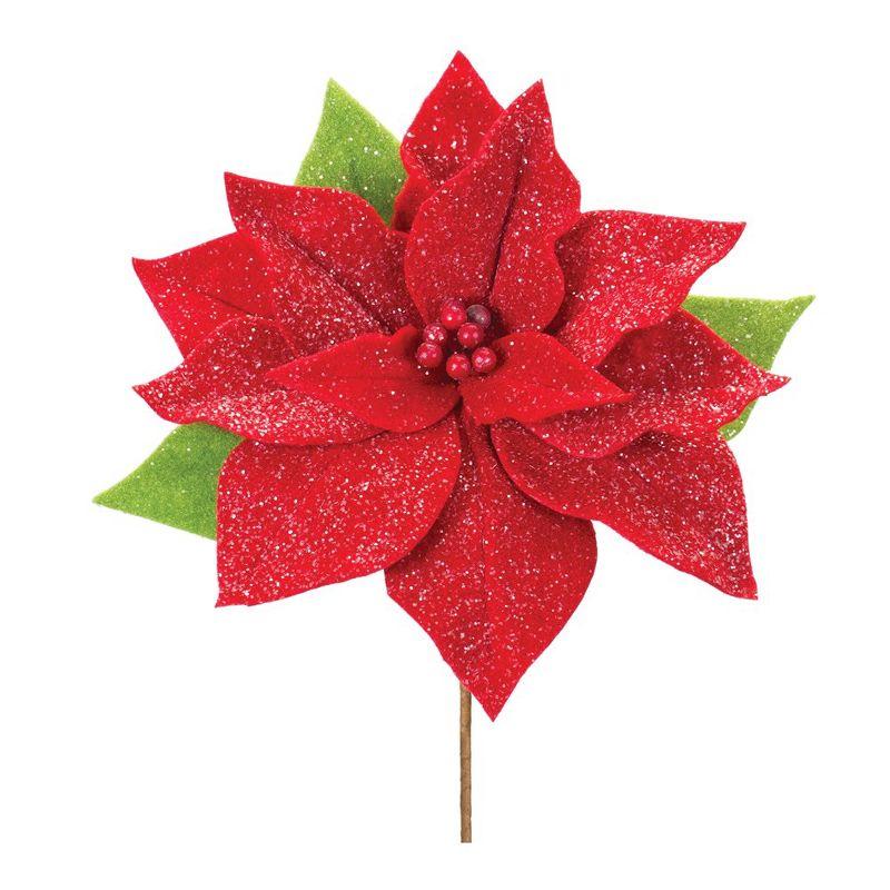 Glittered Red and Green Poinsettia Flower Stems Set