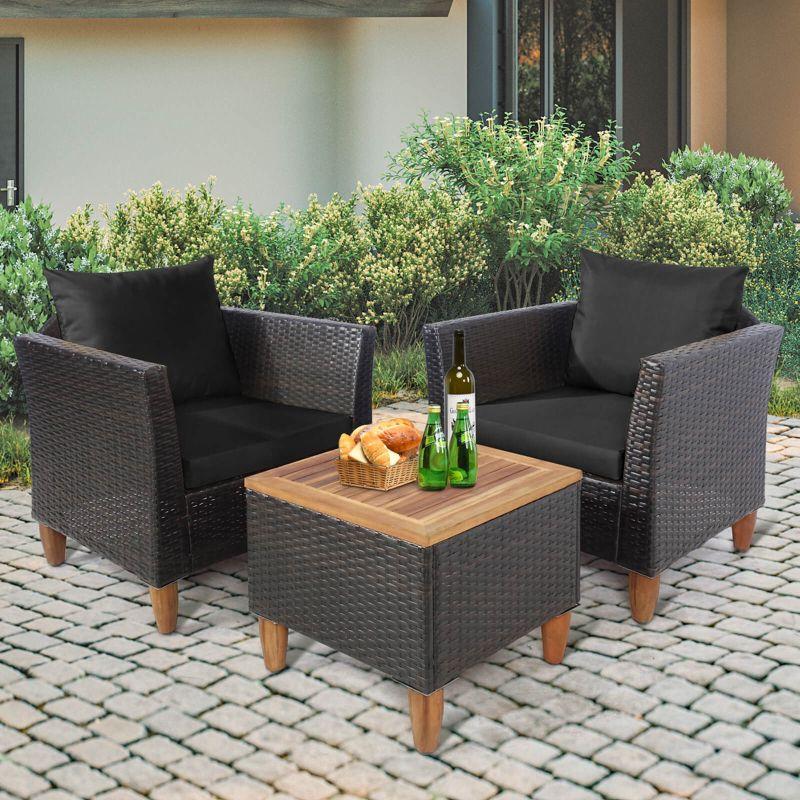 Costway 3PCS Outdoor Patio Rattan Furniture Set Wooden Table Top Cushioned Sofa Black