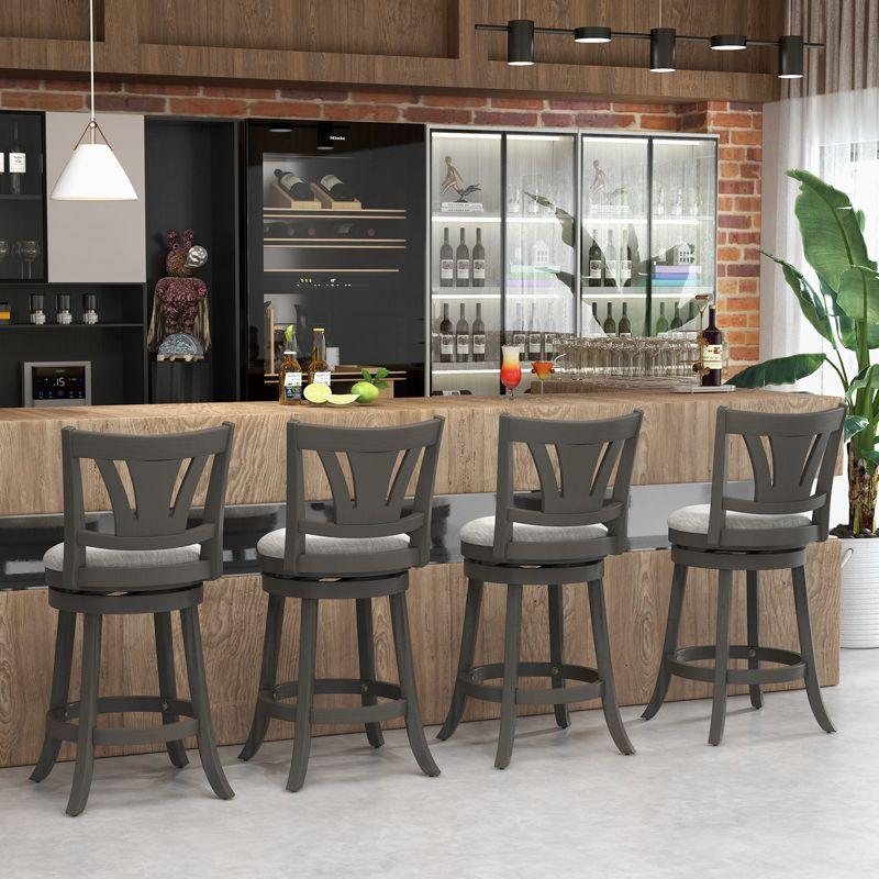 Gray Upholstered Swivel Bar Stools with Wood Legs, Set of 4