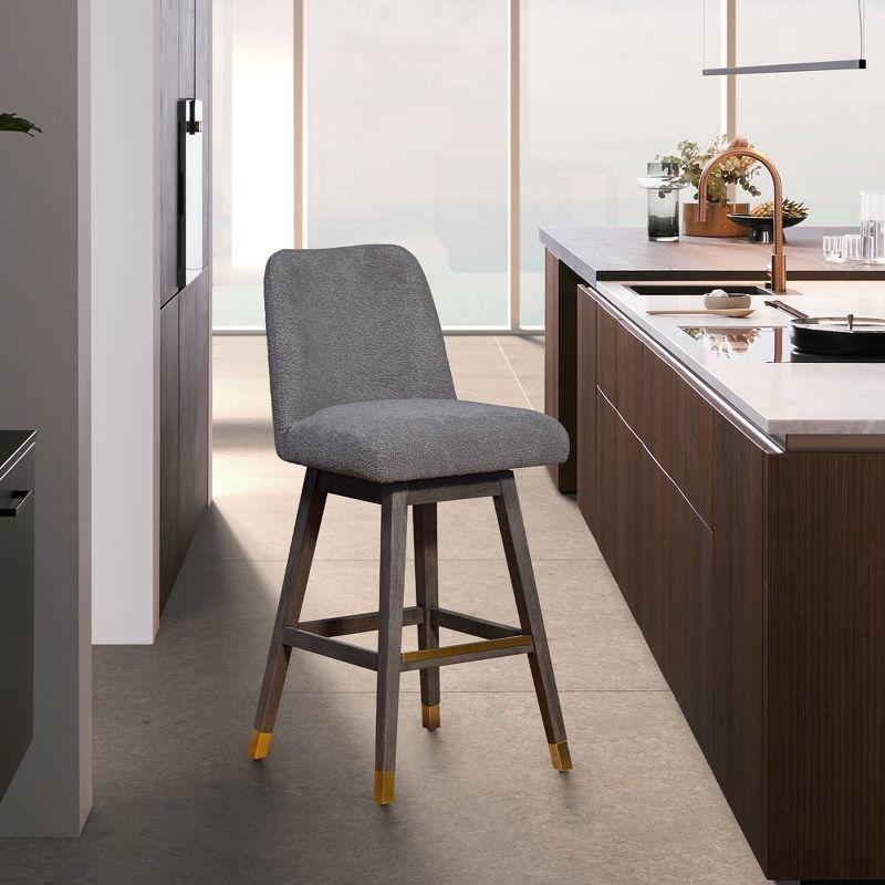 Grey Oak Wood Swivel Bar Stool with Boucle Fabric