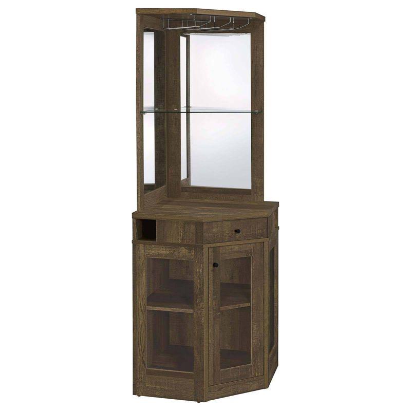 Rustic Oak Corner Bar Cabinet with Mirrored Back and Glass Shelf