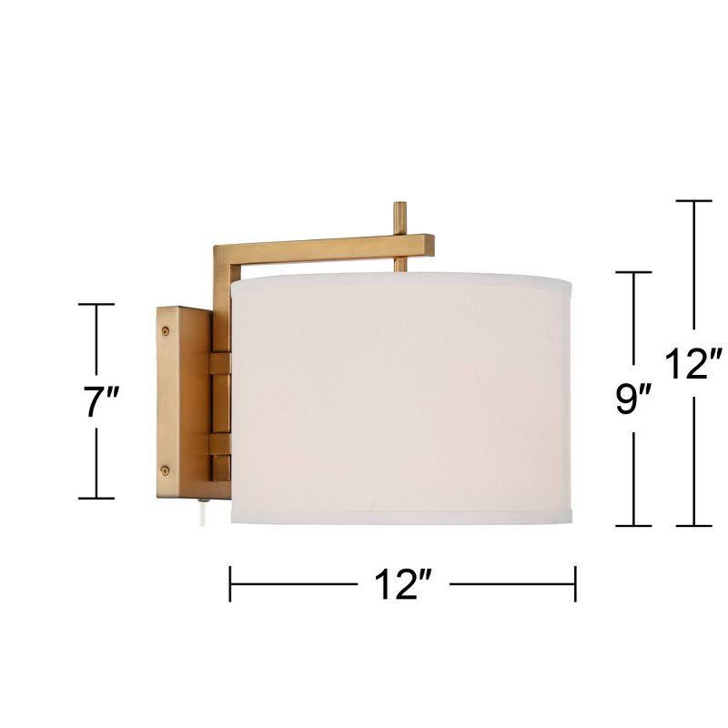 360 Lighting Adair Modern Wall Lamps Set of 2 Warm Brass Metal Plug-in 12" Light Fixture Linen Drum Shade for Bedroom Reading Living Room Hallway Home