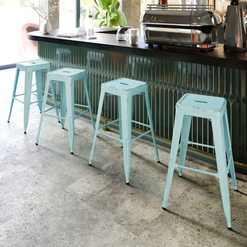 Flash Furniture Commercial Grade 30" High Backless Distressed Green-Blue Metal Indoor-Outdoor Barstool