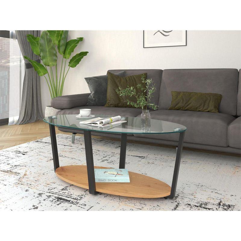 Nessa Oval Coffee Table with Glass Top and Oak Shelf