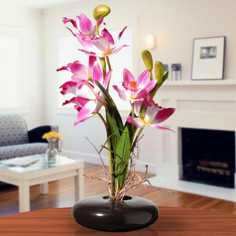 Elegant Silk Pink Orchid in Glossy Black Ceramic Pot, 10"