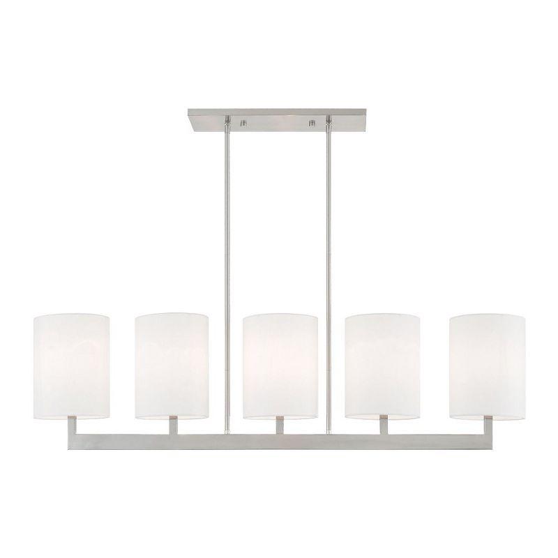 Contemporary Brushed Nickel 5-Light Linear Chandelier with Off-White Shades