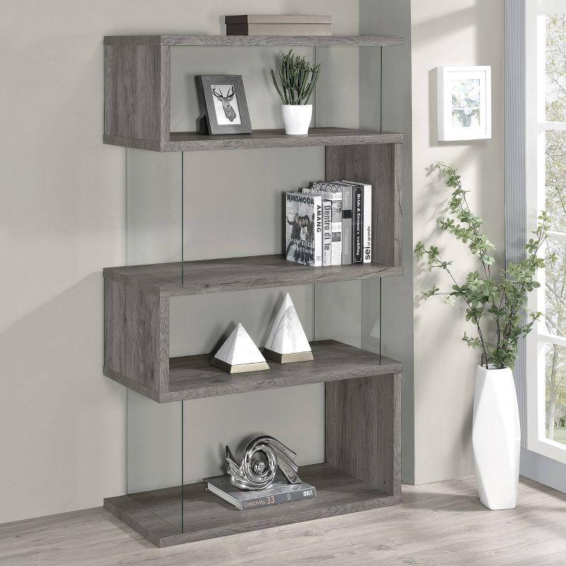 Coaster 63" Emelle 4 Shelf Zig Zag Bookcase with Glass Panels Gray Driftwood: Modern Style, Laminated Melamine Veneer, Metal Hardware