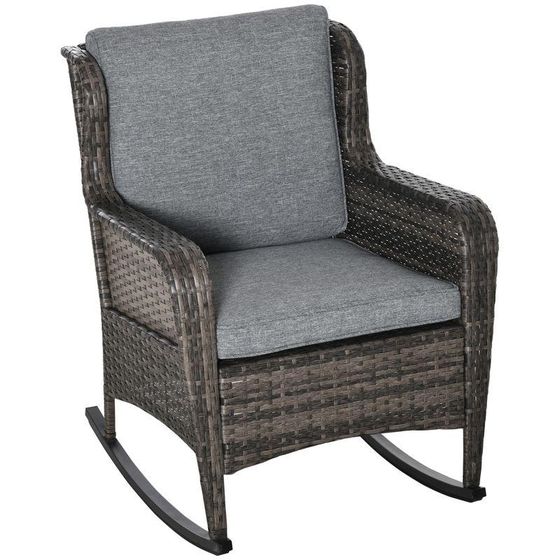 Outsunny Patio Wicker Rocking Chair, Outdoor PE Rattan Swing Chair w/ Soft Cushions for Garden, Patio, Lawn, Gray