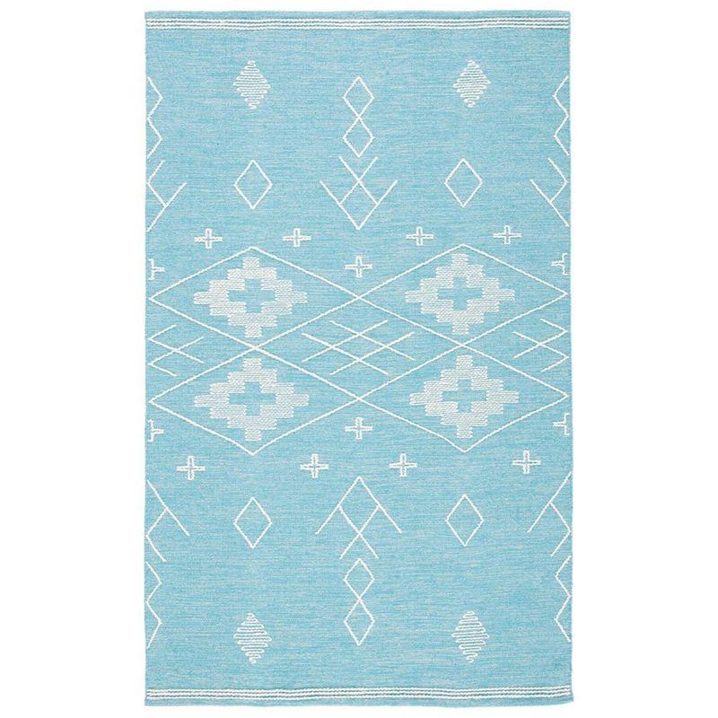 Teal and Ivory Flat Woven Wool Cotton Area Rug 4' x 6'