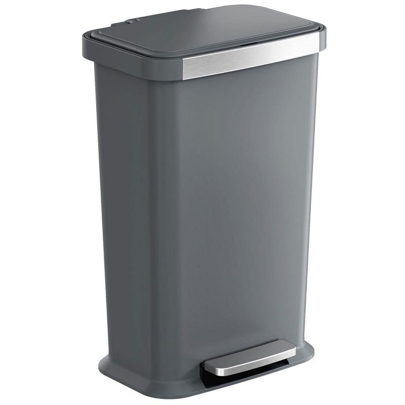 Gray Plastic 13.2 Gallon Step Pedal Trash Can with Stainless Steel Trim